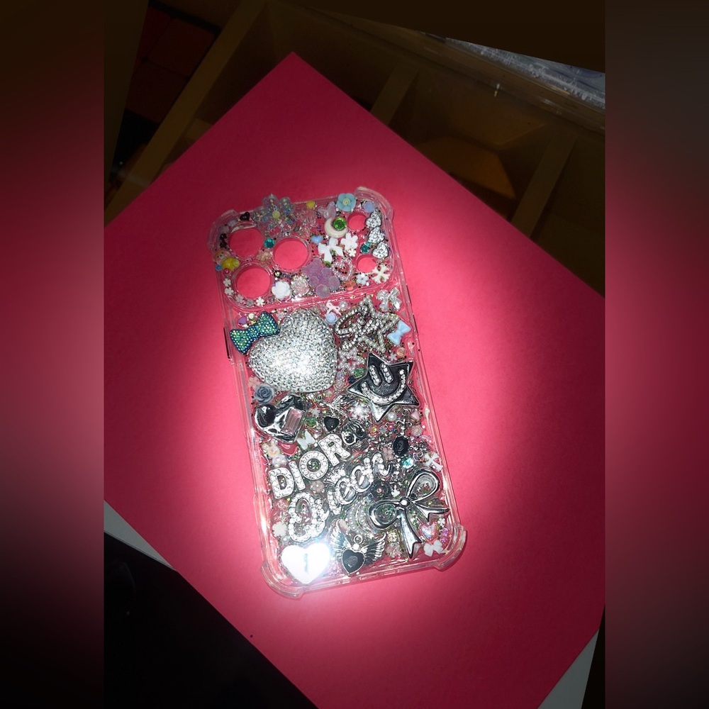 Dior Embellished Phone Case - Silver and Pink